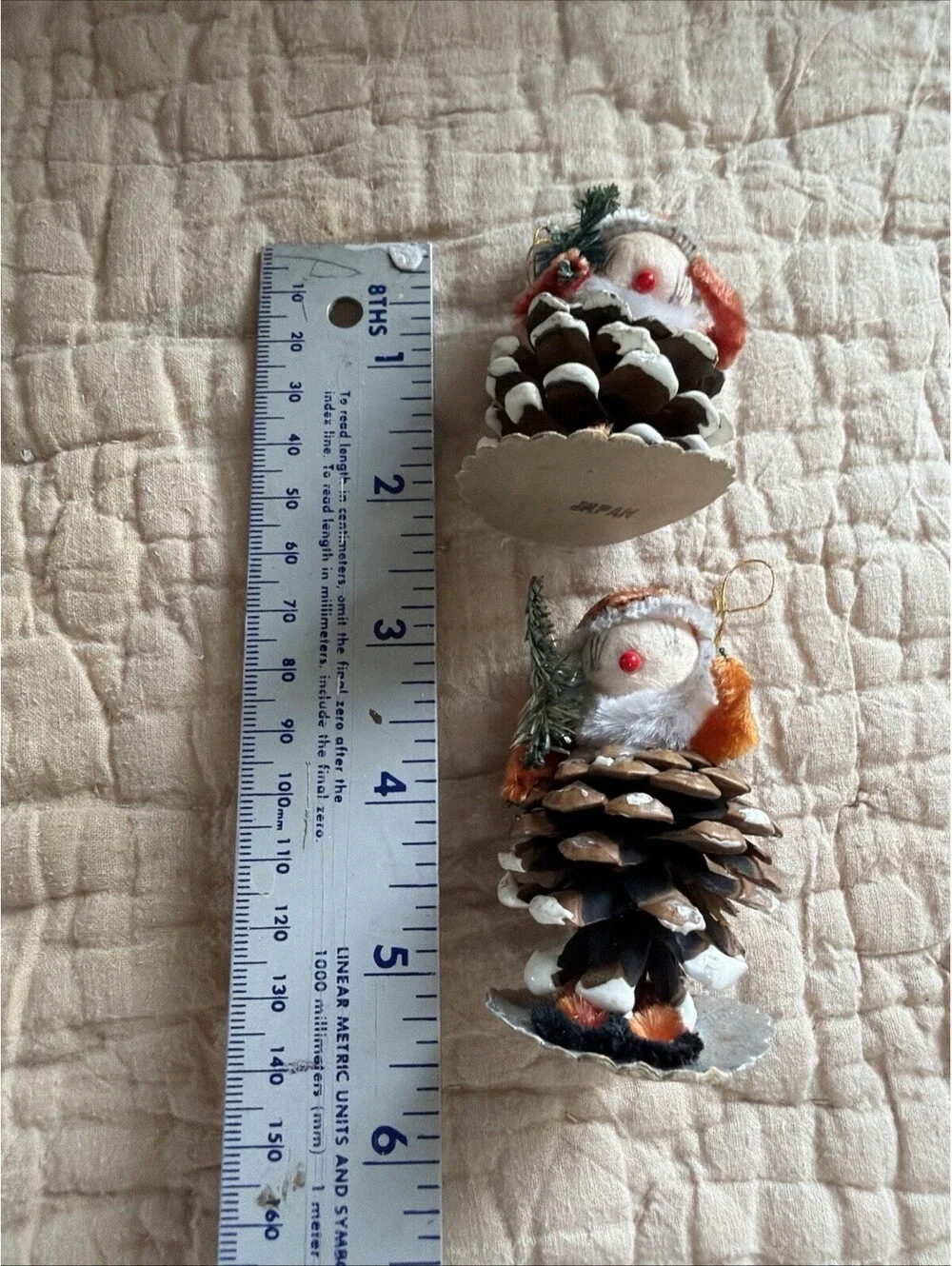 2 Vintage Japan Pinecone Elf Gnome Figures Putz Christmas Ornament Decorations